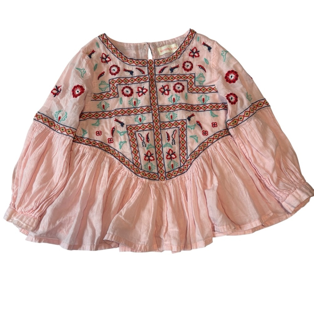 Simple Kids Cotton Embroidered Boho Pink Long Sleeve Lightweight Summer Top 10